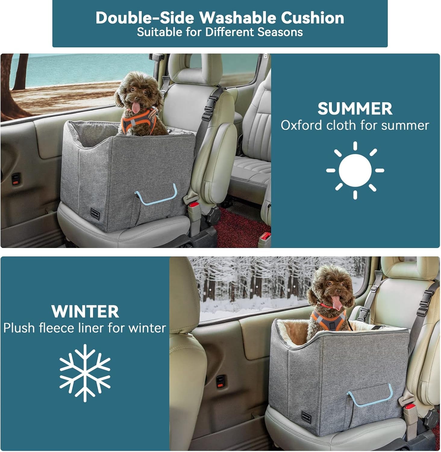 Small Dog Car Seat - Pet Travel Booster Seat with Safety Belt, Washable Double-Sided Cushion, and Storage Pocket (Small, Light Grey)
