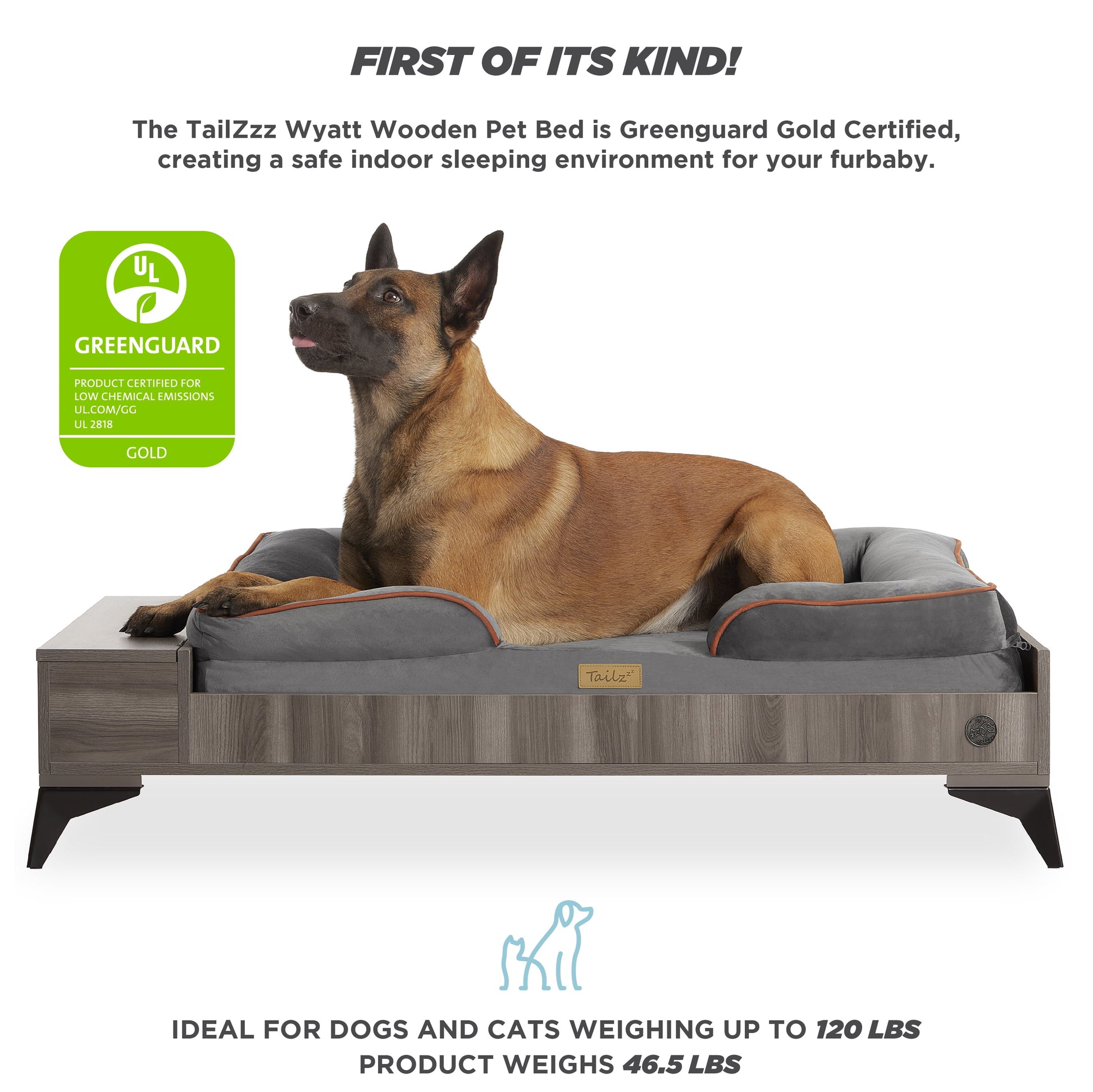 Wyatt Wooden Pet Bed with Mattress | Large to Extra Large Dog Bed, Greenguard Gold Certified