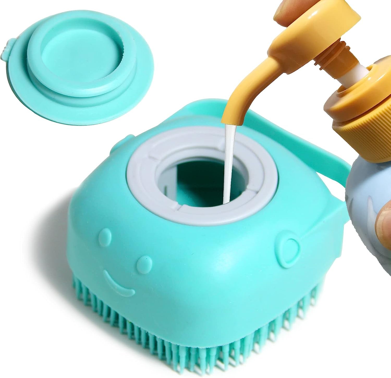 Soft Silicone Pet Bath Brush with Shampoo Dispenser for Dogs and Cats - Grooming Shower Brush (Blue)