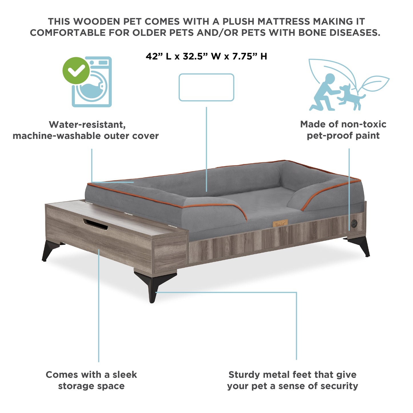 Wyatt Wooden Pet Bed with Mattress | Large to Extra Large Dog Bed, Greenguard Gold Certified