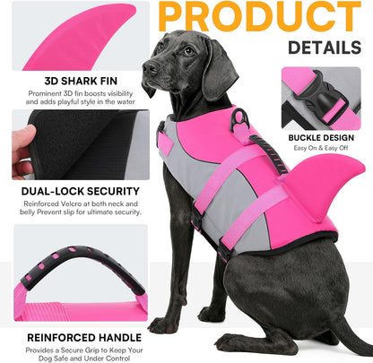 Dog Life Jacket - Ripstop Shark Safety Vest with Adjustable Fit, High Buoyancy, and Durable Rescue Handle for Small, Medium, and Large Dogs - Pink Shark, X-Small