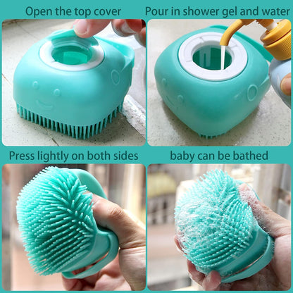 Soft Silicone Pet Bath Brush with Shampoo Dispenser for Dogs and Cats - Grooming Shower Brush (Blue)
