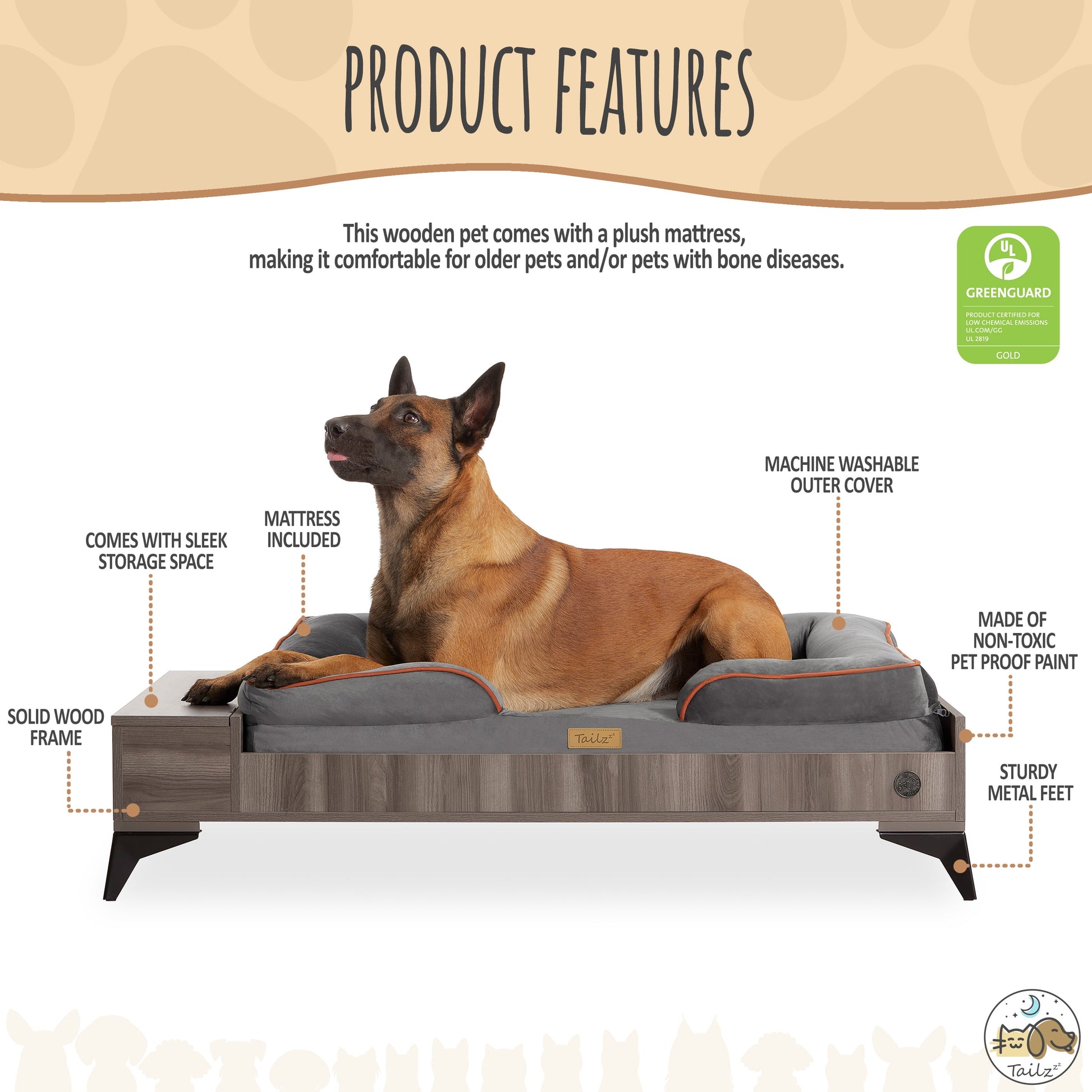 Wyatt Wooden Pet Bed with Mattress | Large to Extra Large Dog Bed, Greenguard Gold Certified