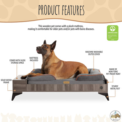 Wyatt Wooden Pet Bed with Mattress | Large to Extra Large Dog Bed, Greenguard Gold Certified