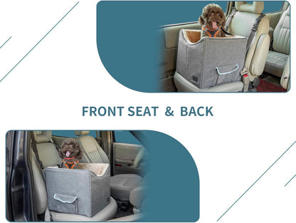 Small Dog Car Seat - Pet Travel Booster Seat with Safety Belt, Washable Double-Sided Cushion, and Storage Pocket (Small, Light Grey)