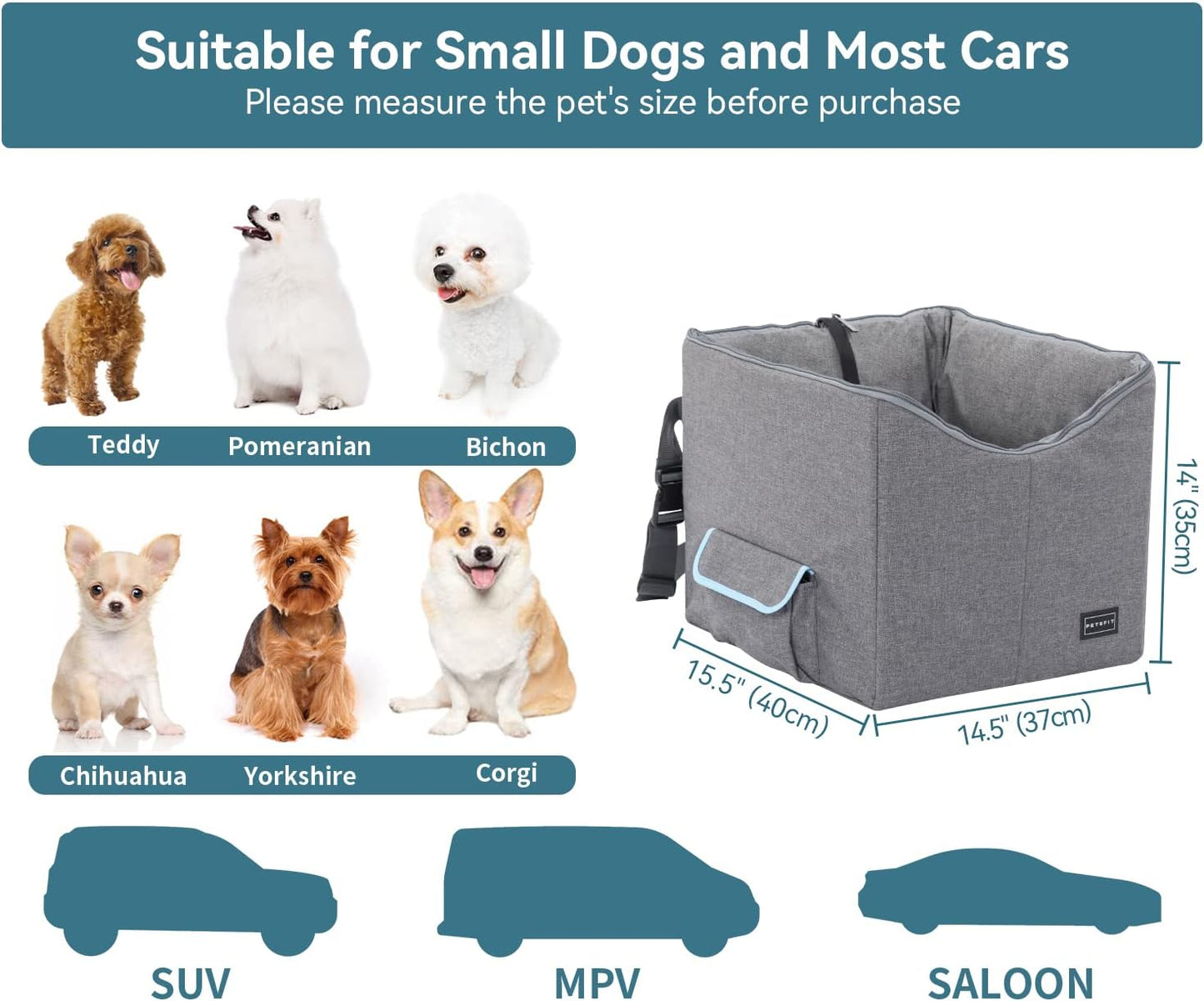 Small Dog Car Seat - Pet Travel Booster Seat with Safety Belt, Washable Double-Sided Cushion, and Storage Pocket (Small, Light Grey)