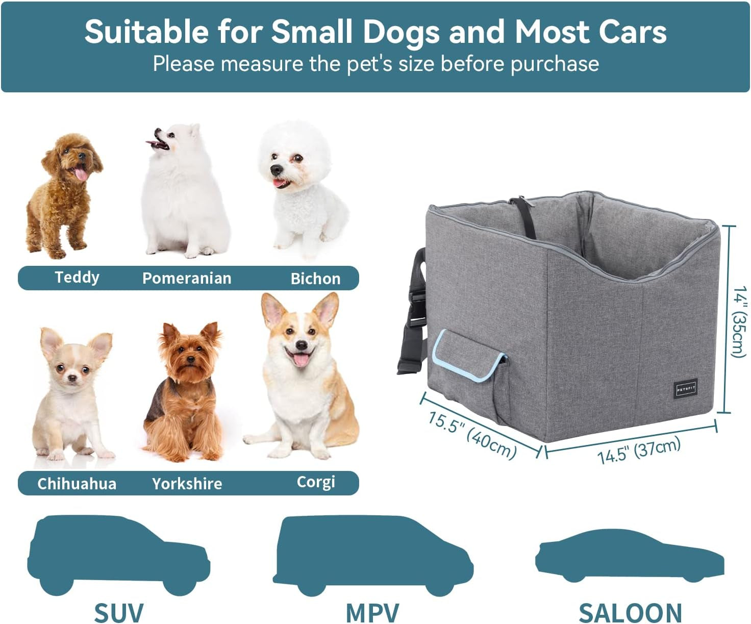 Small Dog Car Seat - Pet Travel Booster Seat with Safety Belt, Washable Double-Sided Cushion, and Storage Pocket (Small, Light Grey)