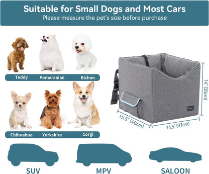 Small Dog Car Seat - Pet Travel Booster Seat with Safety Belt, Washable Double-Sided Cushion, and Storage Pocket (Small, Light Grey)