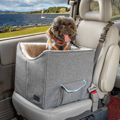 Small Dog Car Seat - Pet Travel Booster Seat with Safety Belt, Washable Double-Sided Cushion, and Storage Pocket (Small, Light Grey)