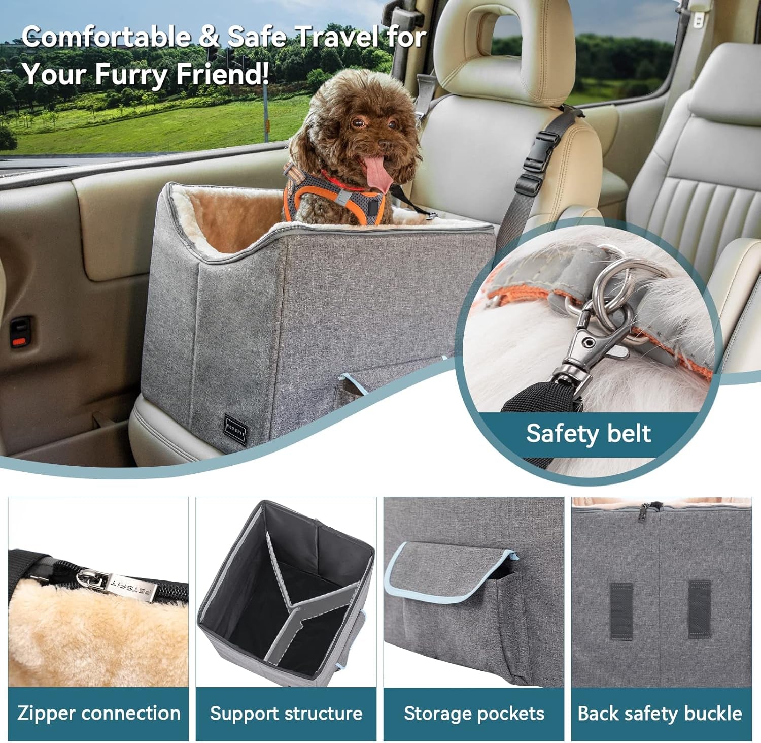 Small Dog Car Seat - Pet Travel Booster Seat with Safety Belt, Washable Double-Sided Cushion, and Storage Pocket (Small, Light Grey)